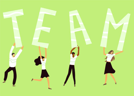four young people hold letters of the word team, enjoy working togetherのイラスト素材