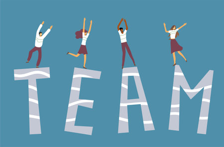 four young people dance on letters of the word team, enjoy working togetherのイラスト素材