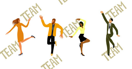 four employees dancing against the background of large letters TEAMのイラスト素材