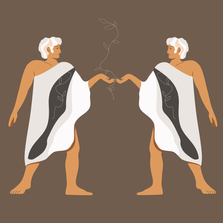 The image of the astronomical sign Gemini - two ancient Greek men hold a branch, reflecting each otherのイラスト素材