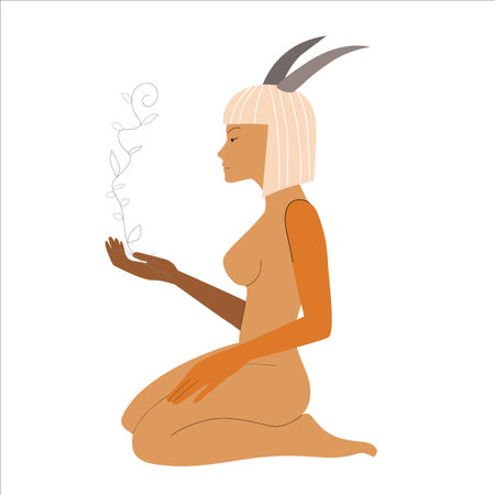 Woman in the image of the zodiac sign Capricorn sits on her kneesのイラスト素材