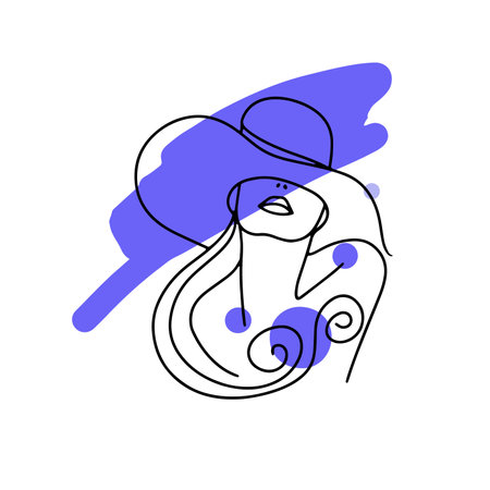 Abstract poster with minimal woman in hat. Lline drawing.のイラスト素材