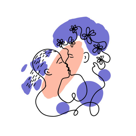 Abstract poster guy with a girl kiss, flowers on the head. Line drawing.のイラスト素材
