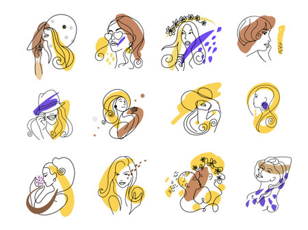 Set of 12 line drawings, elegant abstract feminine images in yellow brown purple color.のイラスト素材