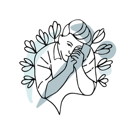 Abstract man drawn by lines, silhouette of a man, in flowers, pensive man, against a background of colored spots.のイラスト素材