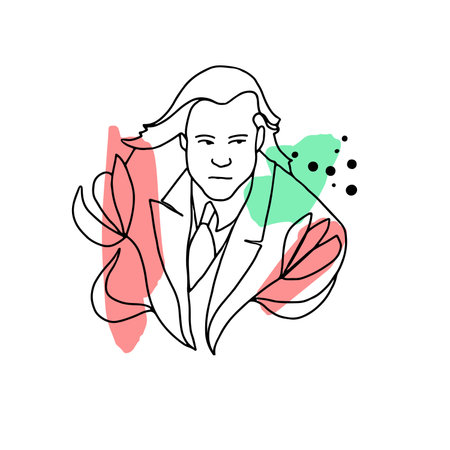 Abstract silhouette of a man with long hair, with flowers, in a suit, a linear image on a background of colored spots.のイラスト素材