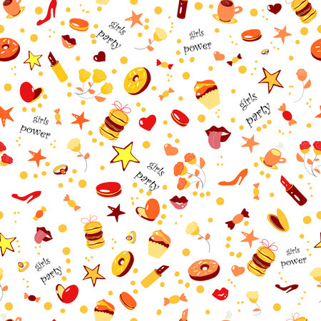 pattern girl power, party girls, girls friendship, cupcake, macarons, roses, shoes, women's thingsのイラスト素材