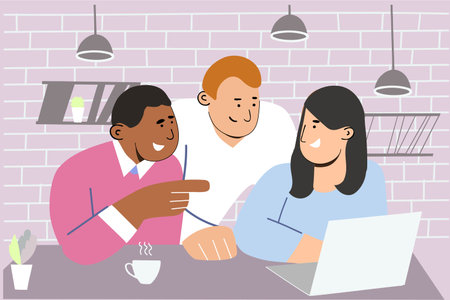 a team of three people discussing the working moment at the table in the coworking spaceのイラスト素材
