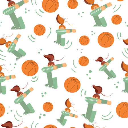 seamless pattern - girls doing dab gesture, victory, teamwork, sports, basketballのイラスト素材
