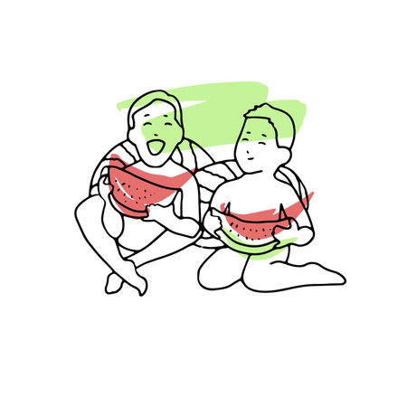 Abstract line drawing two boys eating watermelon, summer time, friends, brothers, sibling, older brother, younger brother.のイラスト素材