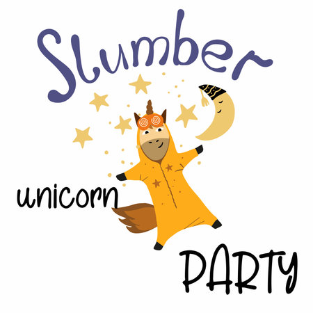 Pajama party with unicorn, Slumber unicorn party lettering; stars and moon, nightly fun.のイラスト素材