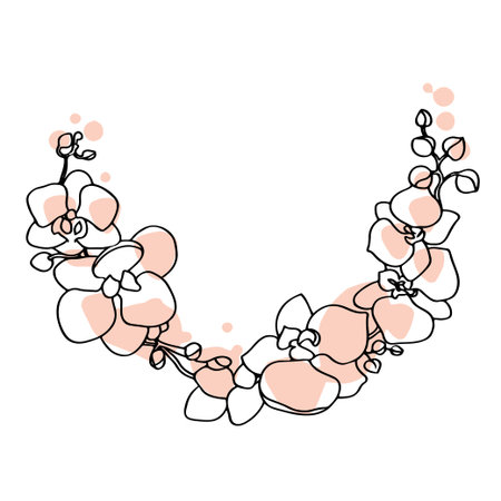Abstract hand drawing semicircle wreath orchid, line drawing flower logo, eco logo, wedding design, sketchのイラスト素材