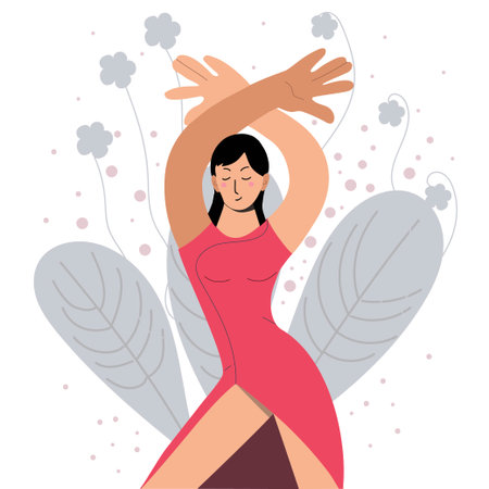 Dancing girl in a red dress, independent, female power, freedom of expression, flowers on background, blossom.のイラスト素材
