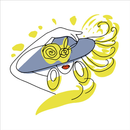 Line abstract drawing summer hand drawing, girl with hat, wind, elegant, fashionable, provocative, vacation, summer palette.のイラスト素材