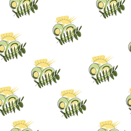 Pattern, endless drawing, linear abstract hand drawing of summer illustration, avocado with branch of tropical plants, sun, palette of summer.のイラスト素材