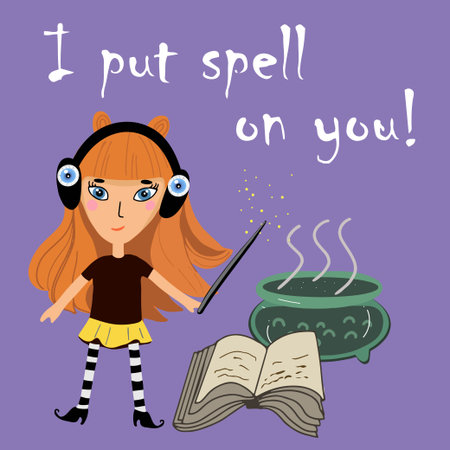 Halloween, cute witch, in headphones with eyes, girl, redhead, child, with a magic wand, cauldron, witchcraft book, spell book.のイラスト素材