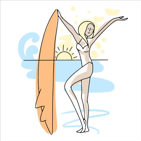 girl with a surfboard, on the ocean shore, warming up before the swim, posing for a photo, abstract hand drawing, line, sketch, colored spotsのイラスト素材