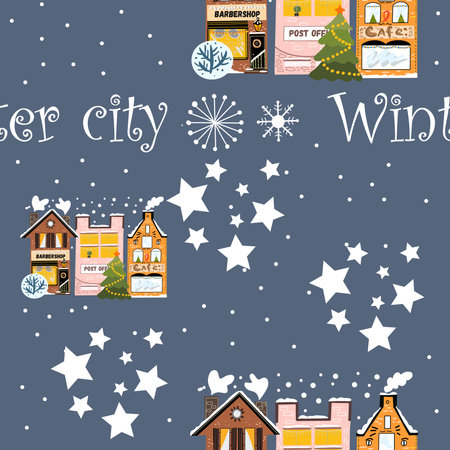Seamless pattern hand drawing with snow-covered houses barbershop, post office building, cafe, lettering winter cityのイラスト素材