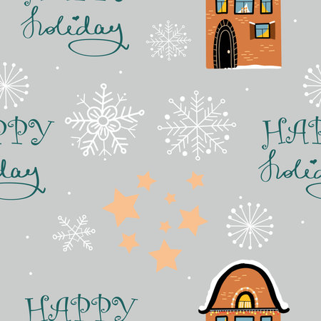 Seamless pattern of gray color, hand drawing, with a snowy house, falling snow, snowflakes, lettering happy holidaysのイラスト素材