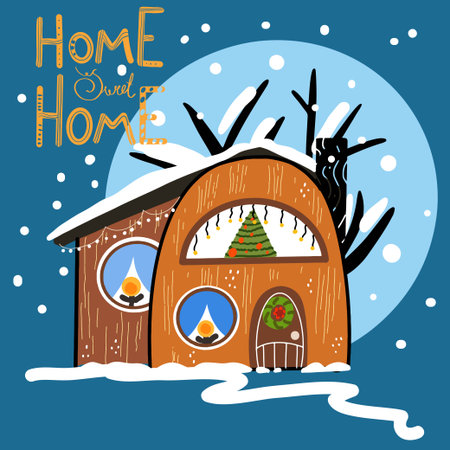 Christmas snowy house, cozy card, hand drawing, christmas, snow falls, winter tree, snowflakes, home sweet home letteringのイラスト素材