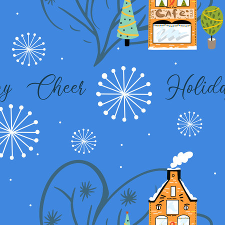 Seamless pattern hand drawing with snowy cafe building, and snowy trees, lettering holiday cheer