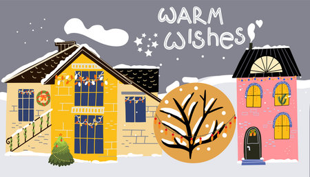 Two snow covered two houses, lettering warm wishes, hand drawing, christmas tree, snow falls, winter tree, snowflakesのイラスト素材