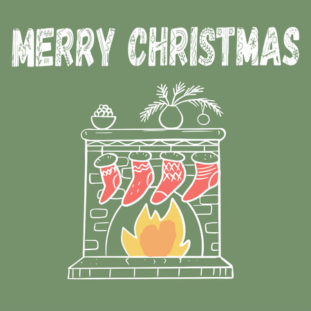 Christmas illustration, postcard, fireplace with fire with Christmas socks, doodlesのイラスト素材