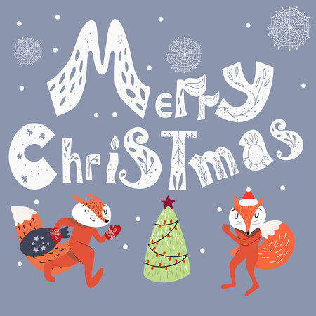 Christmas card Santa Claus and with a deer next to the Christmas tree, the inscription Happy New Year.のイラスト素材