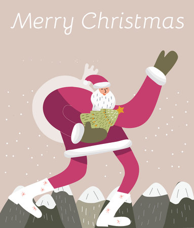 Christmas card Santa Claus goes with a bag with gifts through the mountains inscription Merry Christmas.のイラスト素材
