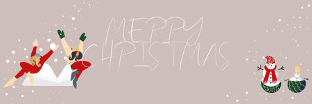Christmas banner with girl in the snow, snowman and lettering Merry Christmas.のイラスト素材