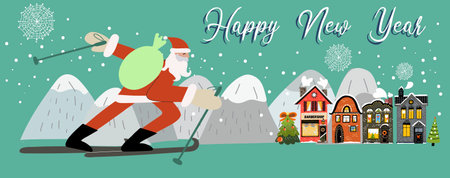 Christmas banner Santa is in a hurry to give presents, skiing towards snow-covered houses through snowdrifts and mountains.のイラスト素材