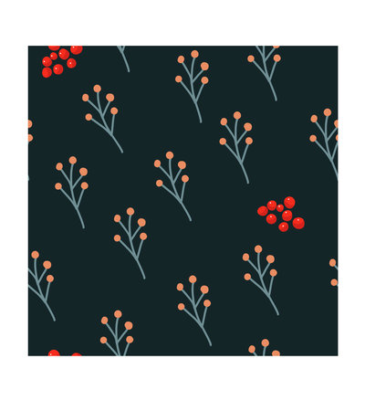 Seamless christmas pattern ilex, holly berries on a dark blue background.のイラスト素材