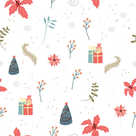 Christmas delicate seamless pattern with elements of winter flowers, gift boxes, poinsettia Christmas tree, on a white background.のイラスト素材