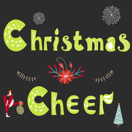 Handwritten lettering Christmas greeting with Santa and punsettia composition.のイラスト素材