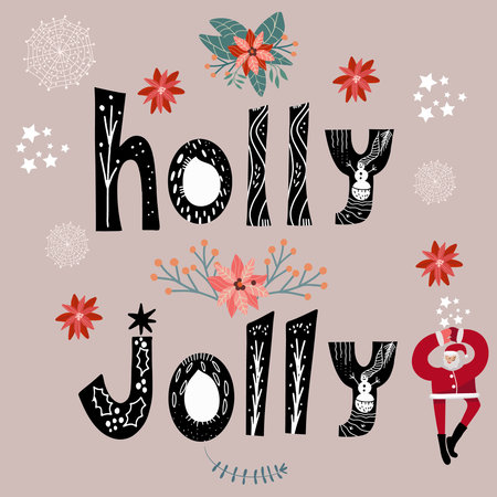 Christmas handwritten letters Holly Jolly with Santa and poinsettia.のイラスト素材