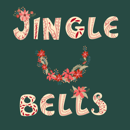 Christmas hand drawn letters Jingle bells with winter wreath.のイラスト素材