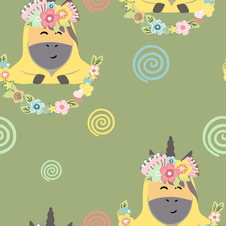 Seamless pattern unicorn head with floral wreathのイラスト素材