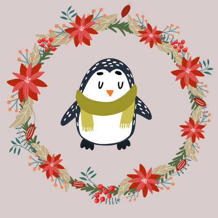 Penguin in a Christmas wreath of poinsettia and holly.のイラスト素材