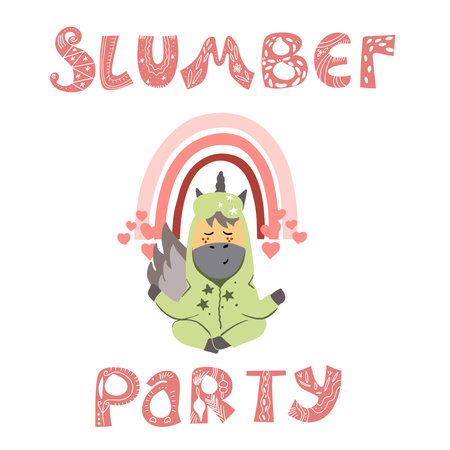 Sleepy party lettering with unicorn sitting in lotus position, pink rainbow.のイラスト素材