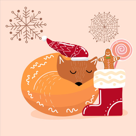 Chanterelle in a Santa hat, with a sock of gifts, with candy and gingerbread cookies, Christmas.のイラスト素材