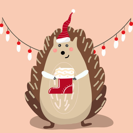 Hedgehog in a Santa hat, with a sock of gifts, with a garland, Christmas.のイラスト素材