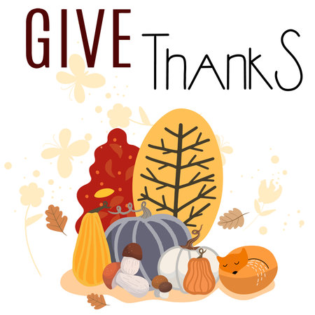 Give thanks lettering with fall attributes. Pumpkins, trees, mushrooms, fox.のイラスト素材