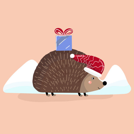 Hedgehog in a Santa hat, carries a gift, Christmas.のイラスト素材