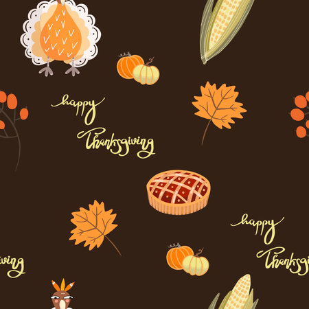 Seamless pattern with turkey, pie, autumn leaves, corn, on a dark background, Thanksgiving Day.のイラスト素材
