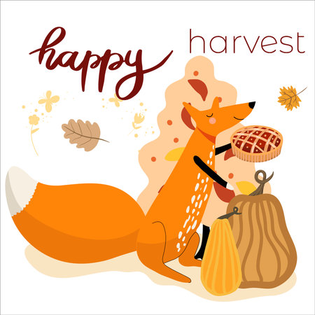 Fox with a pie on the background of leaf fall and pumpkins, Thanksgiving, autumn, lettering Happy harvest.のイラスト素材