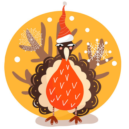 Turkey in a Santa hat, Christmas, on the background of a snow-covered winter tree.のイラスト素材