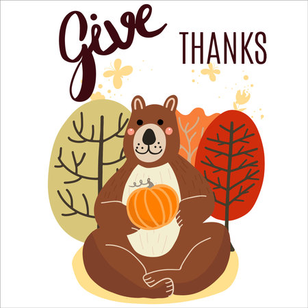Bear with pumpkin on the background of autumn forest, with lettering Give Thanks.のイラスト素材