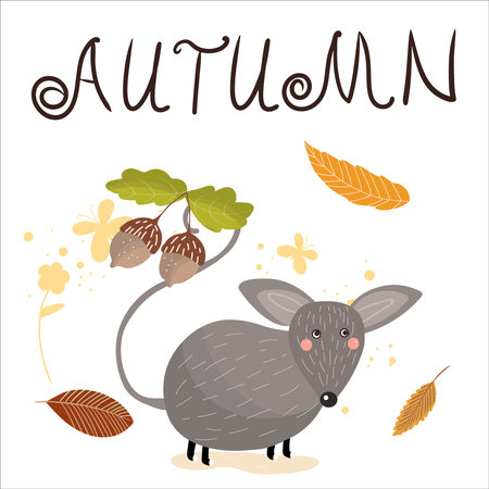 Mouse with acorns on the background of leaf fall, with lettering Autumn.のイラスト素材