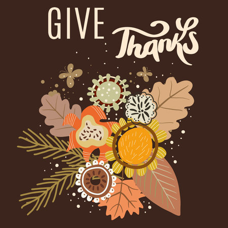 Give thanks season hand drawn vector illustration. Hand drawing calligraphy phrase with autumn wreath for greeting card, poster, banner, website, header, sale coupon, invitation.のイラスト素材