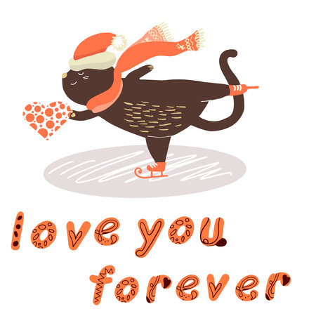 A fat cat in love is skating, with a heart in its paws, Valentine's Day, lettering I love you foreverのイラスト素材